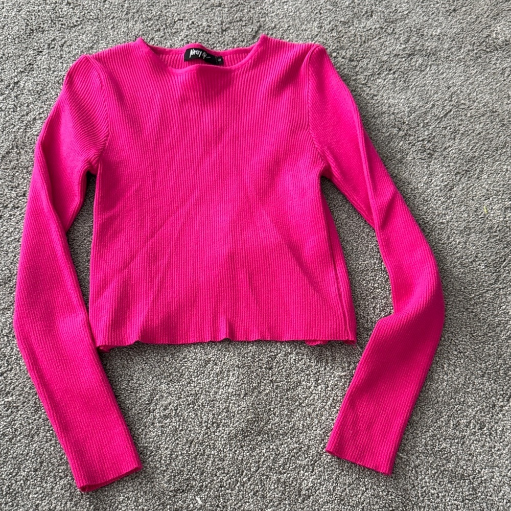 Nasty Gal Hot Pink Open Back Ribbed Long Sleeve Top